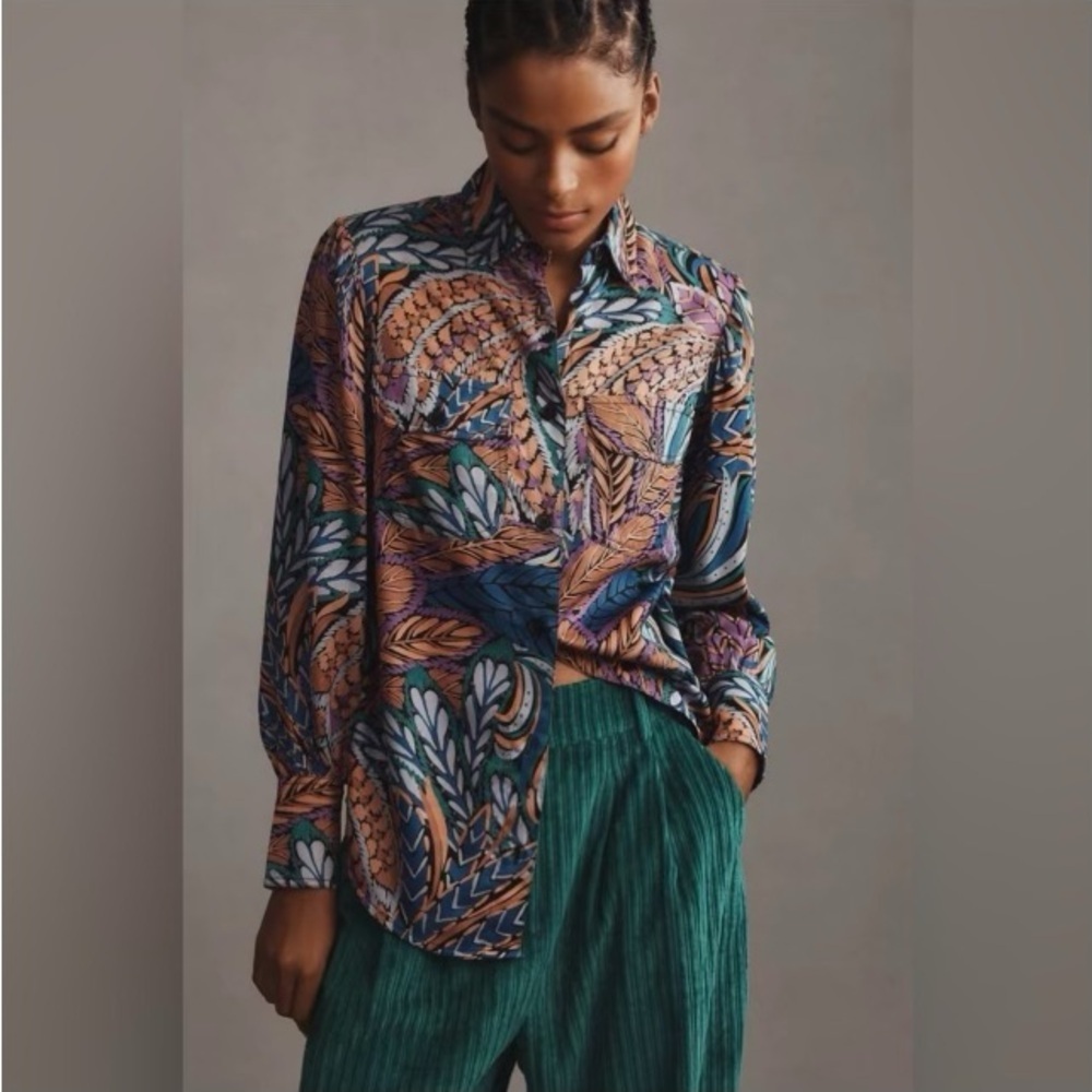 Banjanan Cora Botanical Print Long Sleeve Button Down Shirt Size S